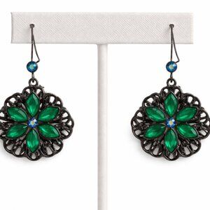 Emerald Green Floral Statement Earrings | Black Metal Filigree | Costume Jewelry